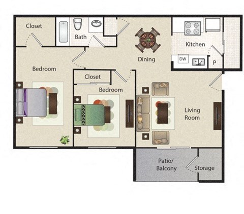 Floor plan for 2 beds, 1 bath, 812 sqft